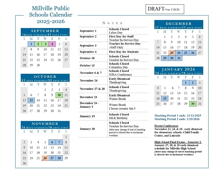 millville school calendar